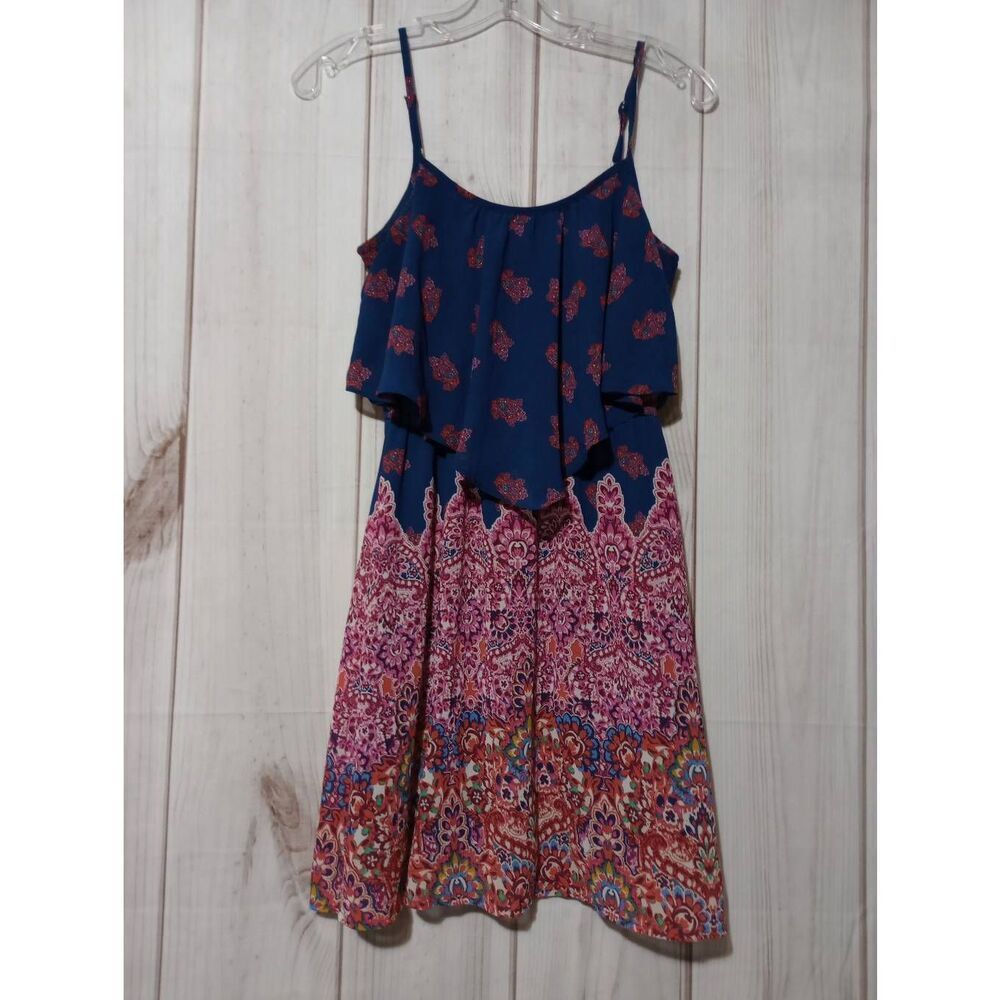 Xhiliration Dress‎ Ladies Small Navy Pink Floral Spaghetti Strap Mini Y2K